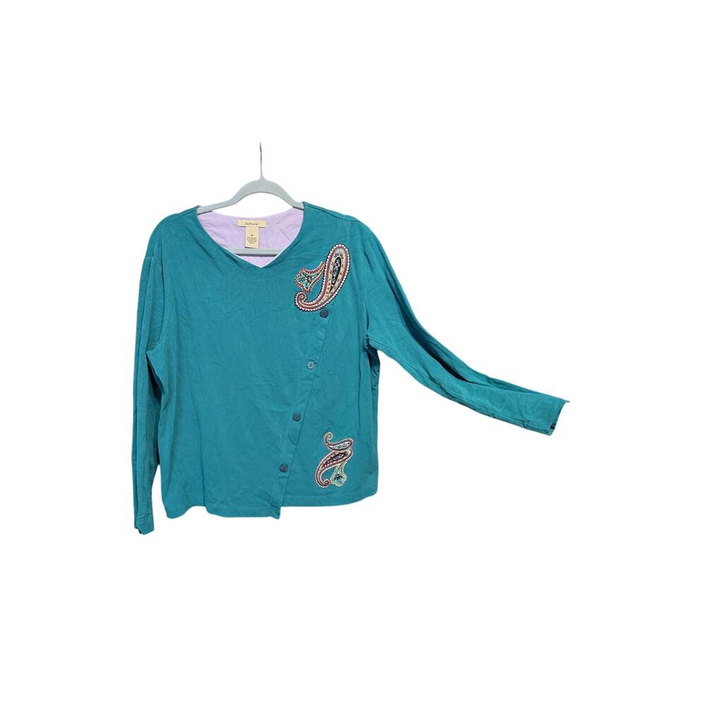 Vintage Bechamel turquoise blue asymmetrical button top embroidered paisley XL